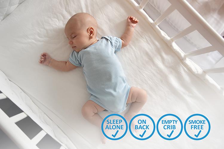 Baby sleeping alone in a crib following the Safe Sleep rules