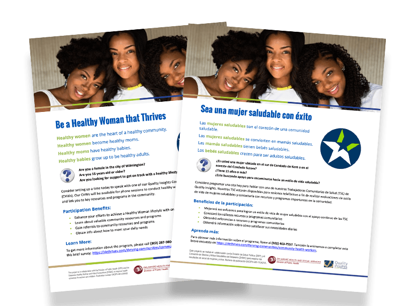 Examples of Delaware Thrives free resources for community health workers: posters, brochures, facts sheets