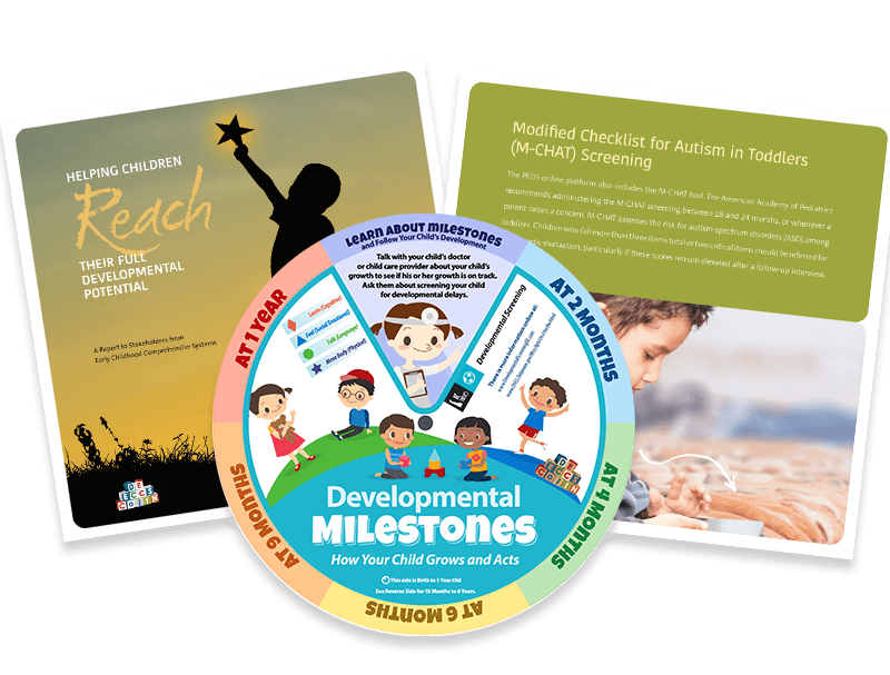 Examples of Delaware Thrives developmental milestones resources: posters, brochures, facts sheets