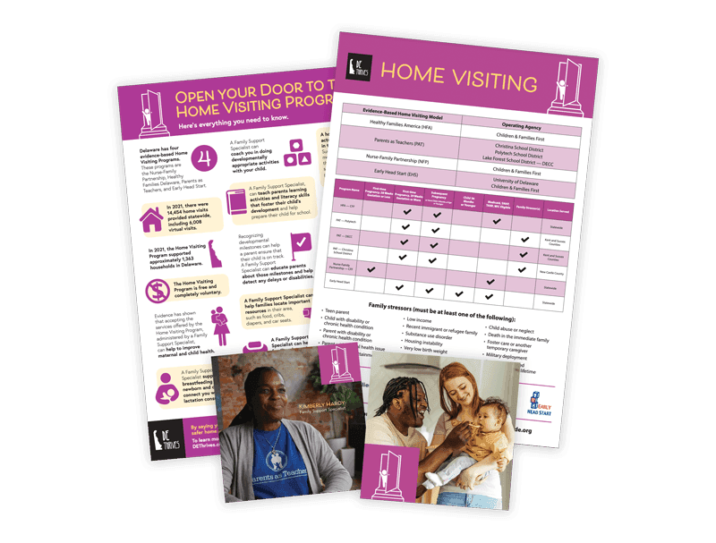 Examples of Delaware Thrives free resources for Home Visiting: posters, brochures, facts sheets