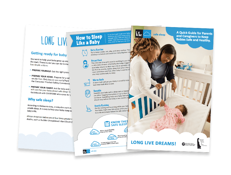 Examples of Delaware Thrives Safe Sleep for Babies plan resources: posters, brochures, facts sheets