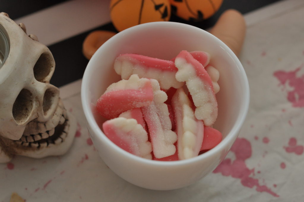 Halloween candy teeth in a bowl